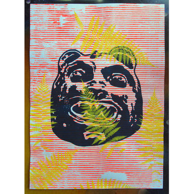 Bear Mask on Textured Background with Yellow Ferns // By Hand Screenprint