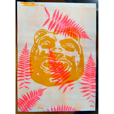 Bear Mask on Textured Background with Pink Ferns // By Hand Screenprint