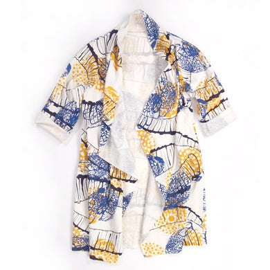 DUSTER: white linen cotton printed ochre yellow, navy, periwinkle
