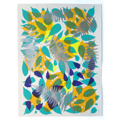 Metallic Silver Fern with Yellow and Turquoise Screenprint on Paper 18