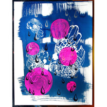 Load image into Gallery viewer, Cyanotype Sleeping Fancy Chickens and Raindrops Screenprint on Paper 18&quot; x 24&quot;