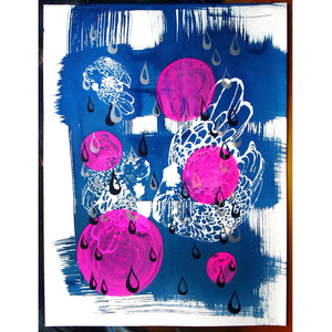 Cyanotype Sleeping Fancy Chickens and Raindrops Screenprint on Paper 18" x 24"