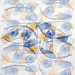 Hand Screenprinted Cotton/Linen  by Yard // Yellow Fireworks, Navy Blue Ibex Horn, Medium Blue Chickens