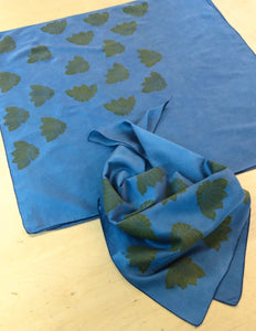 Flower Print Indigo Dyed Silk Bandana Scarf