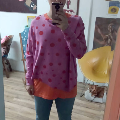Long Sleeve Asymmetrical Top // Red Polka Dots on Magenta
