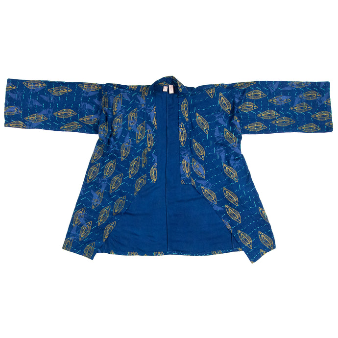 Indigo Blue Silky Bamboo Kimono Style Wrap with Almond Shells