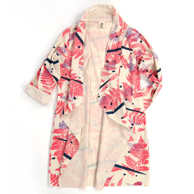 DUSTER: neutral cotton printed red, navy, purple