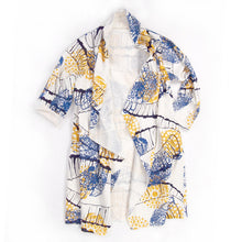 Load image into Gallery viewer, DUSTER: white linen cotton printed ochre yellow, navy, periwinkle