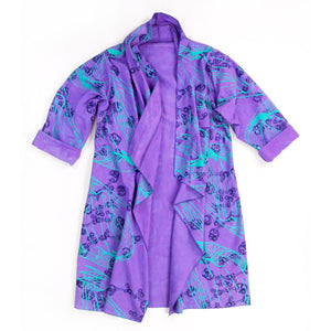 DUSTER: purple linen cotton printed red, navy, purple