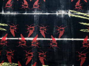 Black Linen Anti Shibori Dyed Printed with Goliath Beetles and Feather Rings