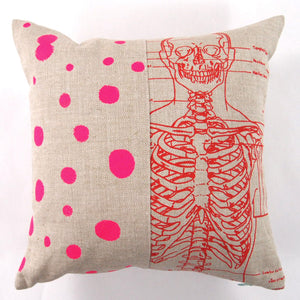 1/2 + 1/2 Hot Pink Polka Dot / Red Skeleton Basketweave Heavy Linen Throws Pillows