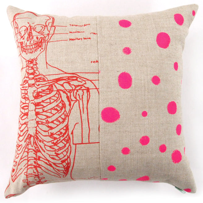 1/2 + 1/2 Hot Pink Polka Dot / Red Skeleton Basketweave Heavy Linen Throws Pillows