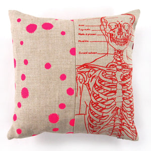 1/2 + 1/2 Hot Pink Polka Dot / Red Skeleton Basketweave Heavy Linen Throws Pillow