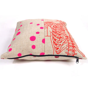 1/2 + 1/2 Hot Pink Polka Dot / Red Skeleton Basketweave Heavy Linen Throws Pillow