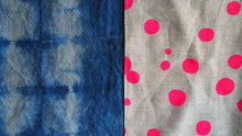 Load image into Gallery viewer, 1/2 + 1/2 Hot Pink Polka Dot / Indigo Basketweave Heavy Linen Throws Pillow