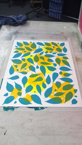 Metallic Silver Fern with Yellow and Turquoise Screenprint on Paper 18" x 24"