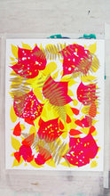 Load image into Gallery viewer, Metallic Gold Fern with Red and Yellow Screenprint on Paper 18&quot; x 24&quot;