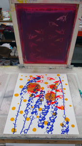 Red Goliath Beetles with Periwinkle Screenprint on Paper 18" x 24"