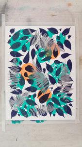 #2 Metallic Silver Fern with Navy and Teal Screenprint on Paper