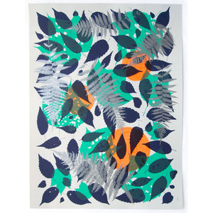 #2 Metallic Silver Fern with Navy and Teal Screenprint on Paper