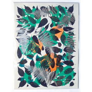 Metallic Silver Fern with Navy and Teal Screenprint on Paper