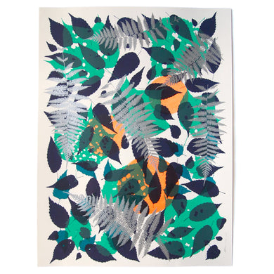 Metallic Silver Fern with Navy and Teal Screenprint on Paper
