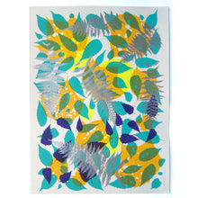 Load image into Gallery viewer, Metallic Silver Fern with Yellow and Turquoise Screenprint on Paper 18&quot; x 24&quot;