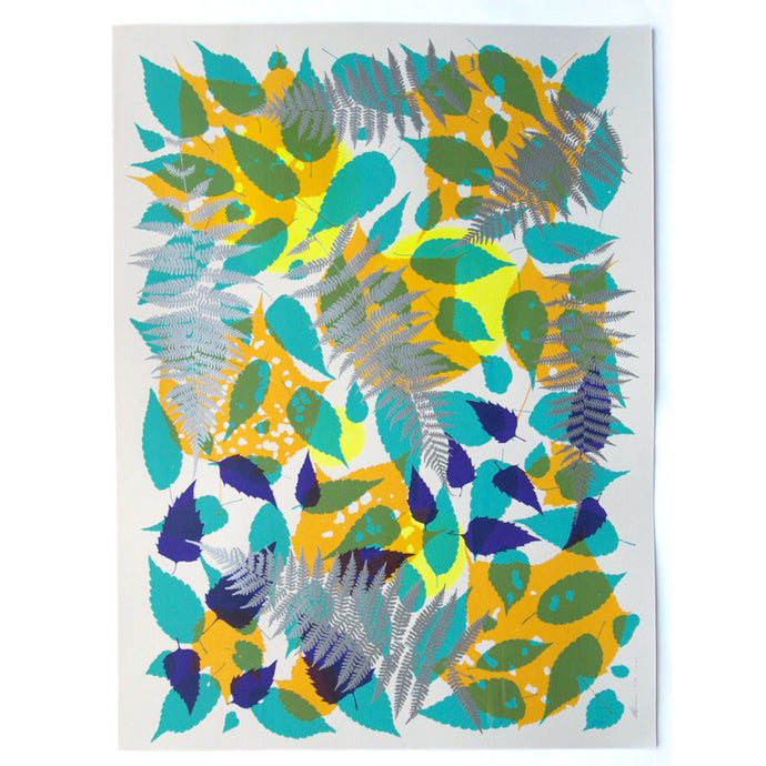 Metallic Silver Fern with Yellow and Turquoise Screenprint on Paper 18
