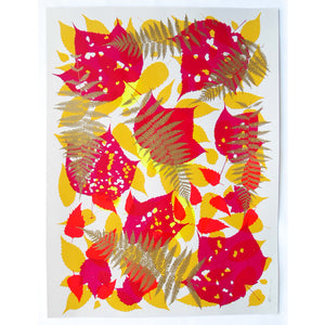 Metallic Gold Fern with Red and Yellow Screenprint on Paper 18" x 24"
