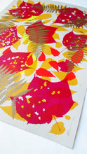 Load image into Gallery viewer, Metallic Gold Fern with Red and Yellow Screenprint on Paper 18&quot; x 24&quot;
