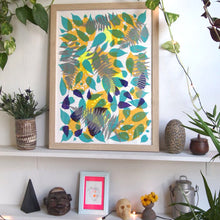 Load image into Gallery viewer, Metallic Silver Fern with Yellow and Turquoise Screenprint on Paper 18&quot; x 24&quot;