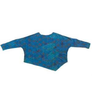 Long Sleeve Asymmetrical Sweatshirt // Chickens and Polka Dots on Cream Dyed Indigo