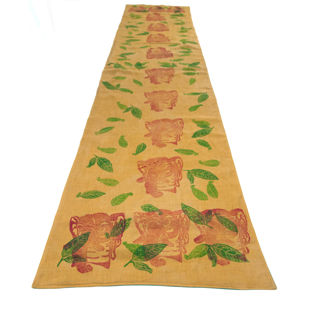 Mustard Yellow Linen Table Runner with Elephants Blockprint