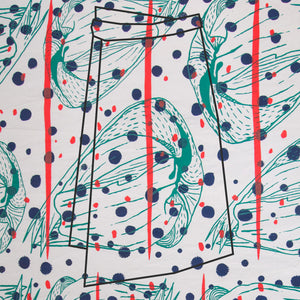 Hand Screenprinted Cotton/Linen  by Yard // Navy,Turquoise, Fluorescent Red