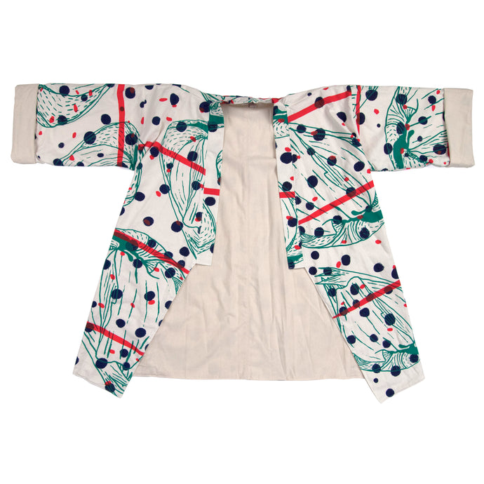 White Linen Cotton Kimono Style Wrap with Polka Dots