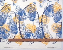 Load image into Gallery viewer, Hand Screenprinted Cotton/Linen  by Yard // Yellow Fireworks, Navy Blue Ibex Horn, Medium Blue Chickens