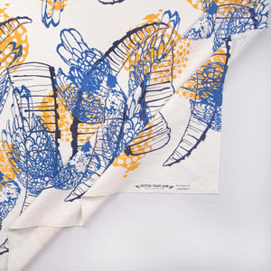 Hand Screenprinted Cotton/Linen  by Yard // Yellow Fireworks, Navy Blue Ibex Horn, Medium Blue Chickens