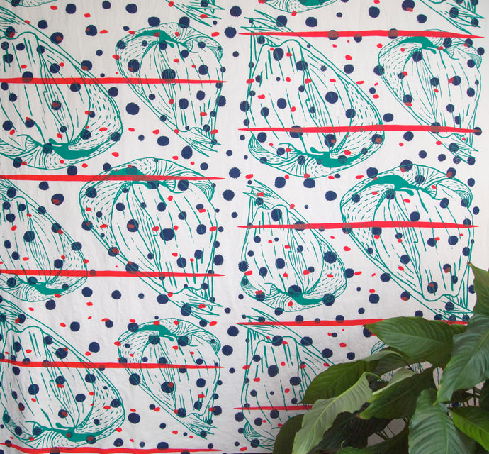 Hand Screenprinted Cotton/Linen  by Yard // Navy,Turquoise, Fluorescent Red